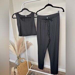 Women’s Black Ribbed Lounge Crop Tank & Drawstring Pants Set